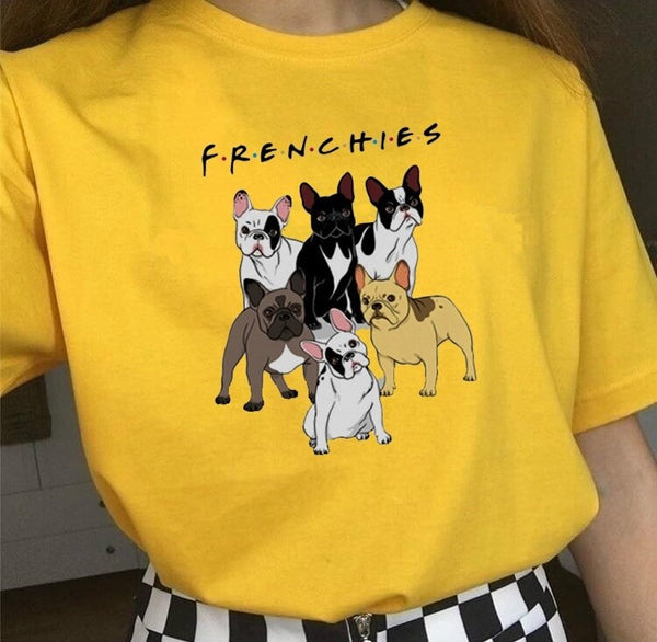 Fashionshow-JF Friends Dog Printed Women T Shirt Short Sleeves Fashion Frenchies Printed Tops Round Neck Casual Hipster Tees