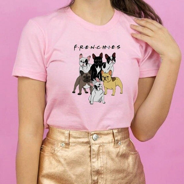 Fashionshow-JF Friends Dog Printed Women T Shirt Short Sleeves Fashion Frenchies Printed Tops Round Neck Casual Hipster Tees