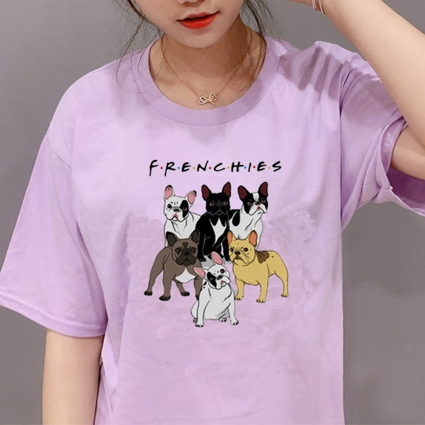 Fashionshow-JF Friends Dog Printed Women T Shirt Short Sleeves Fashion Frenchies Printed Tops Round Neck Casual Hipster Tees