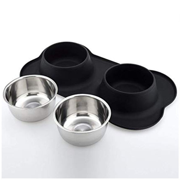 Silicone Dog Bowls Stainless Steel Water and Food Feeder with Non Spill Skid Resistant Silicone Mat for Pets Puppy Small Medi