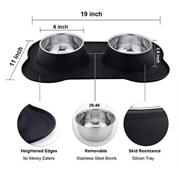 Silicone Dog Bowls Stainless Steel Water and Food Feeder with Non Spill Skid Resistant Silicone Mat for Pets Puppy Small Medi